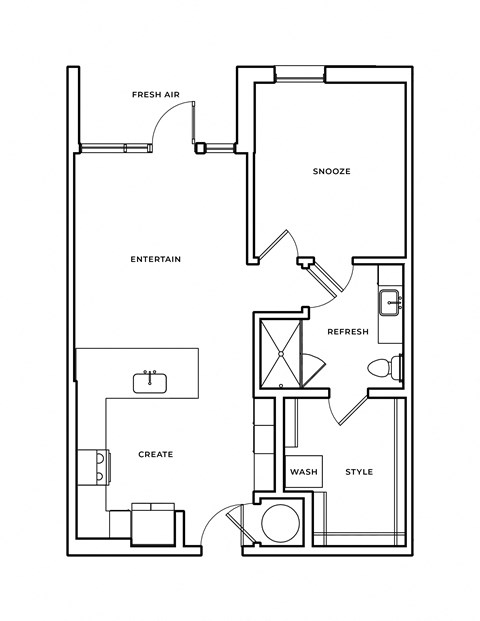 Floor plan for 1 bed, 1 bath, 765 sqft